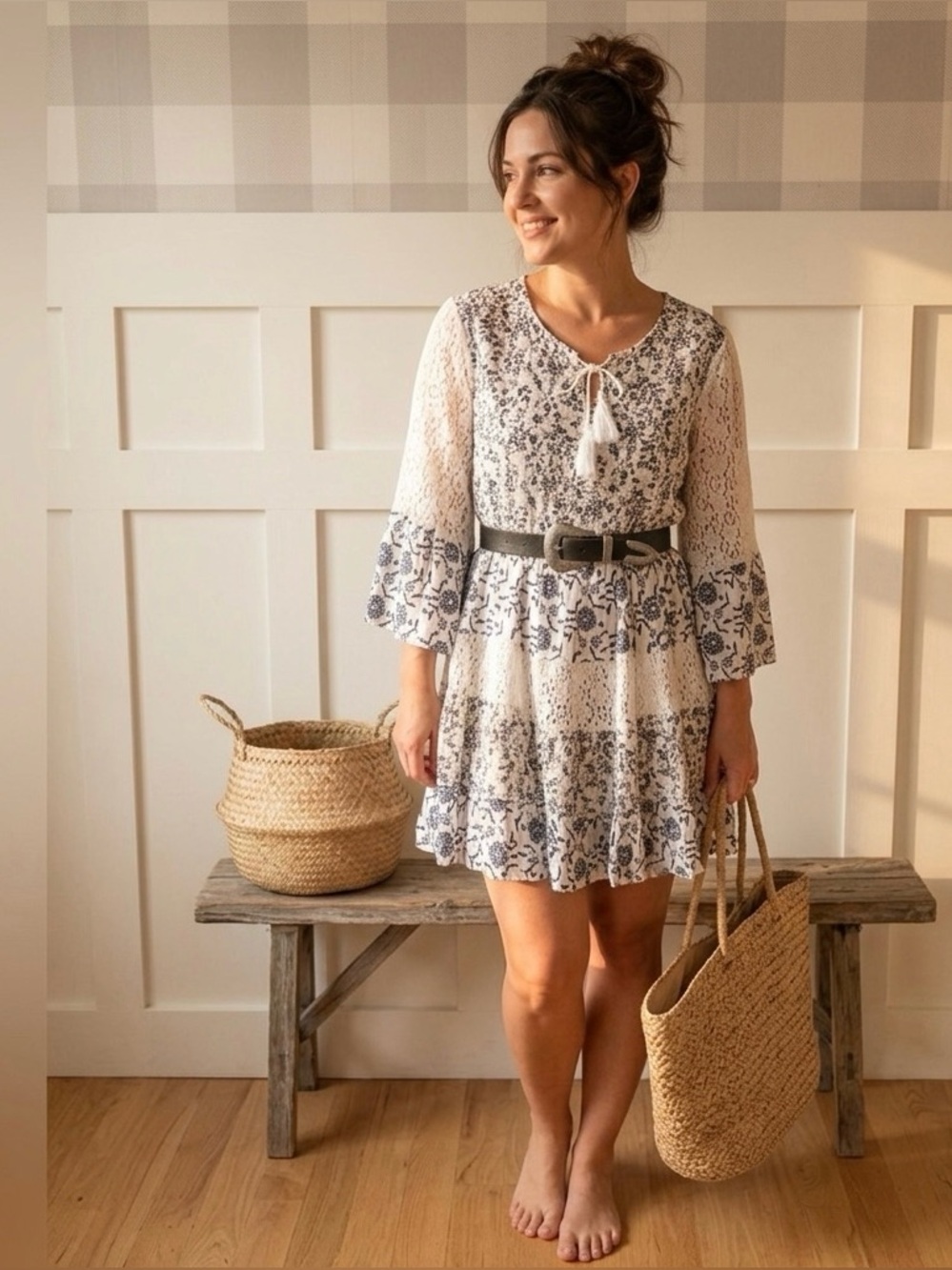 Chic Bohemian Lace Dress in Blue and White Size Small